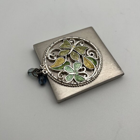 Vintage 70s Enamel Green Butterfly Compact Mirror Art Nouveau Boho Bead Charm - Picture 6 of 6